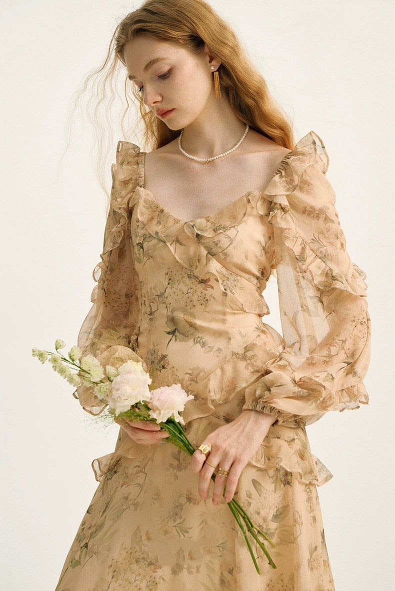 Vintage Floral Ruffle Sheer Maxi Dress – Beige Garden Bloom