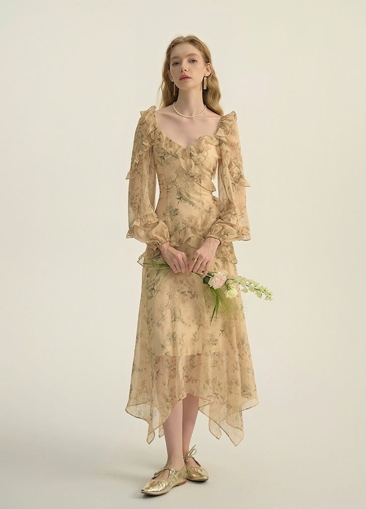 Vintage Floral Ruffle Sheer Maxi Dress – Beige Garden Bloom