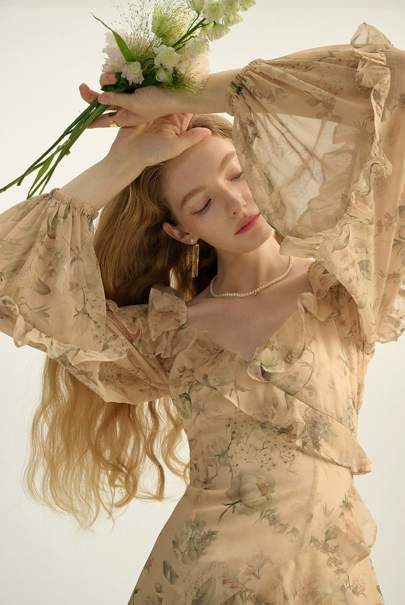 Vintage Floral Ruffle Sheer Maxi Dress – Beige Garden Bloom