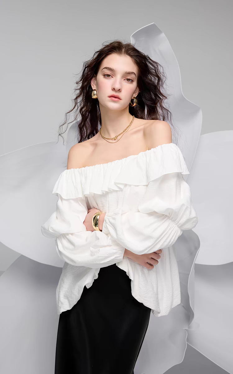 Off-Shoulder Ruffled Puff Sleeve Blouse