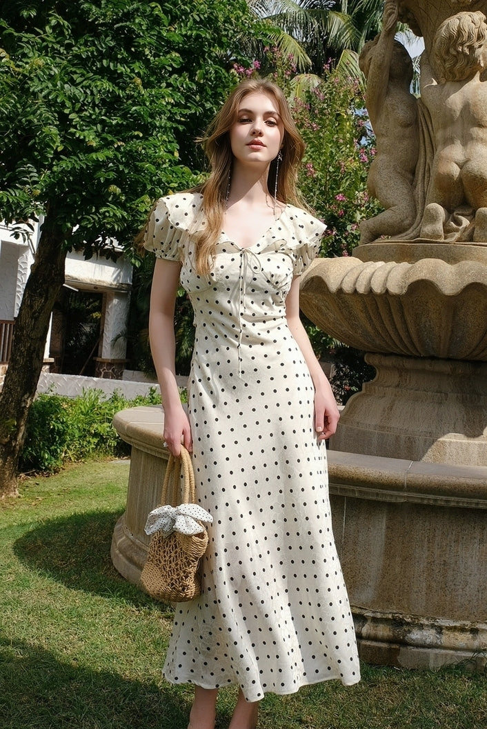 Vintage-Inspired Polka Dot Puff Sleeve Midi Dress