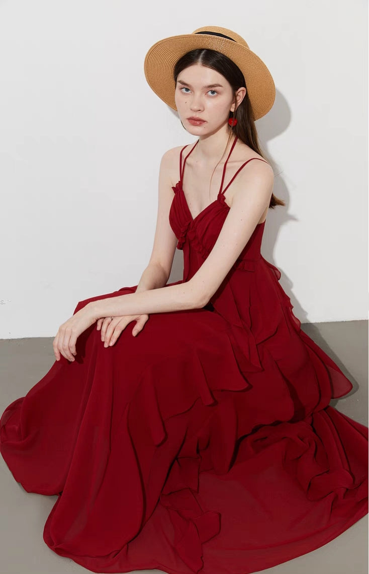 Romantic Tiered Ruffle Halter Maxi Dress