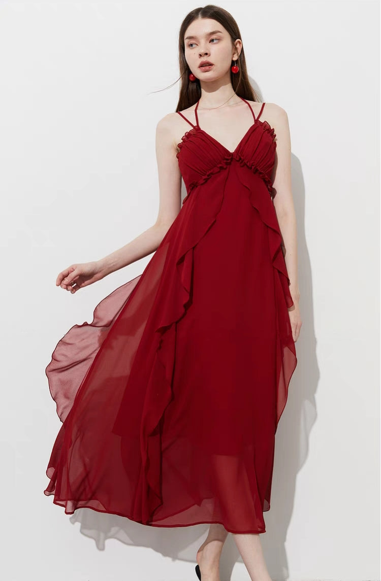 Romantic Tiered Ruffle Halter Maxi Dress