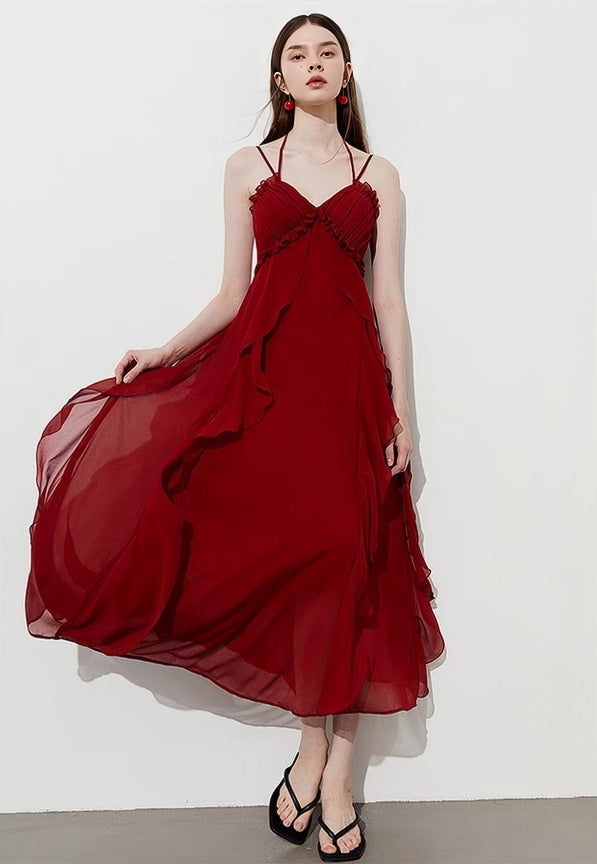 Romantic Tiered Ruffle Halter Maxi Dress