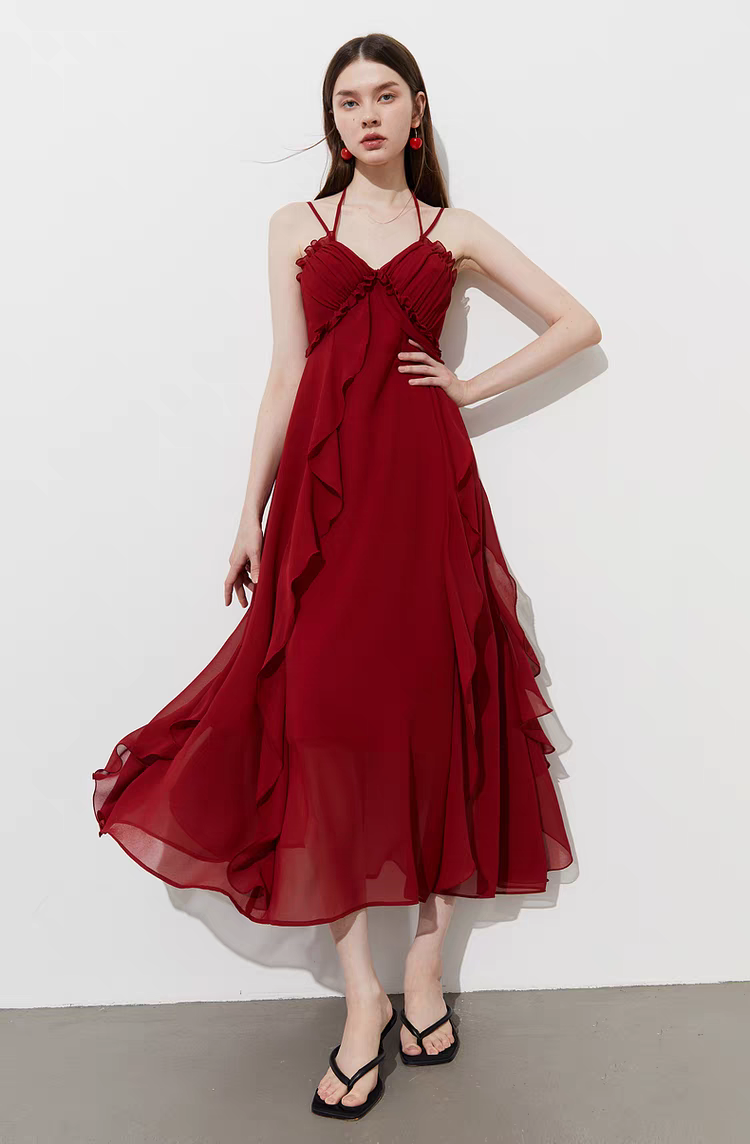 Romantic Tiered Ruffle Halter Maxi Dress