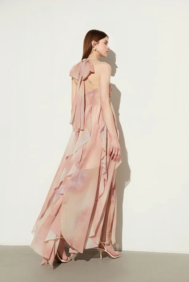 Rosy Dream Backless Ruffle Maxi Dress