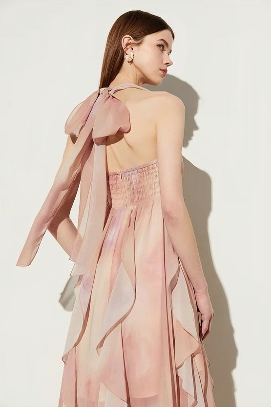 Rosy Dream Backless Ruffle Maxi Dress