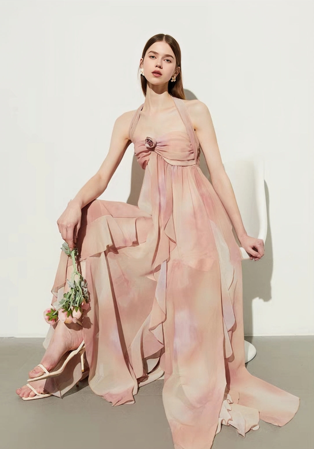 Rosy Dream Backless Ruffle Maxi Dress