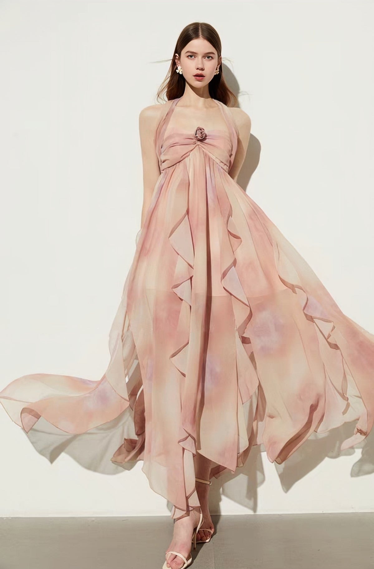 Rosy Dream Backless Ruffle Maxi Dress