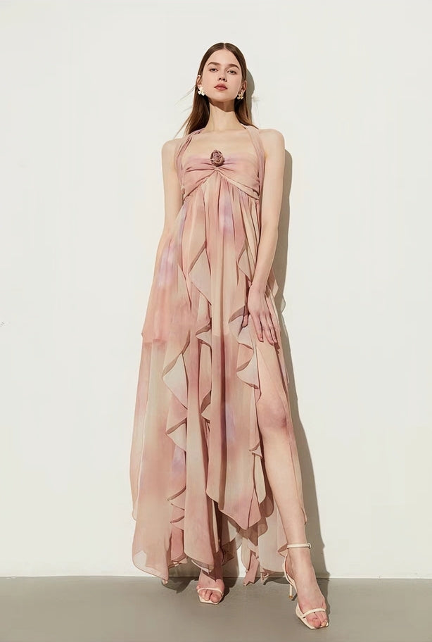 Rosy Dream Backless Ruffle Maxi Dress