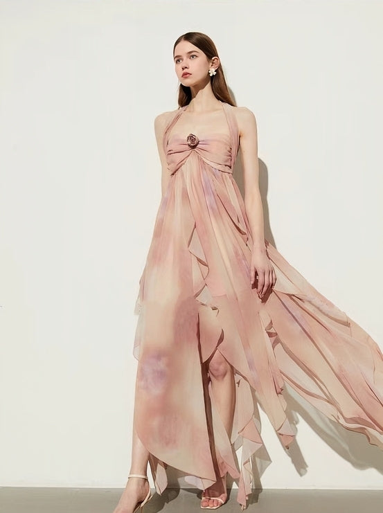 Rosy Dream Backless Ruffle Maxi Dress
