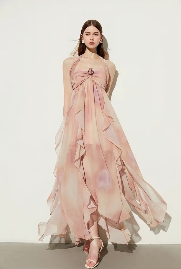 Rosy Dream Backless Ruffle Maxi Dress