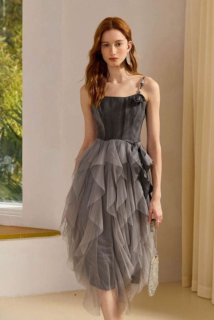 Asymmetric Layered Tulle Midi Dress