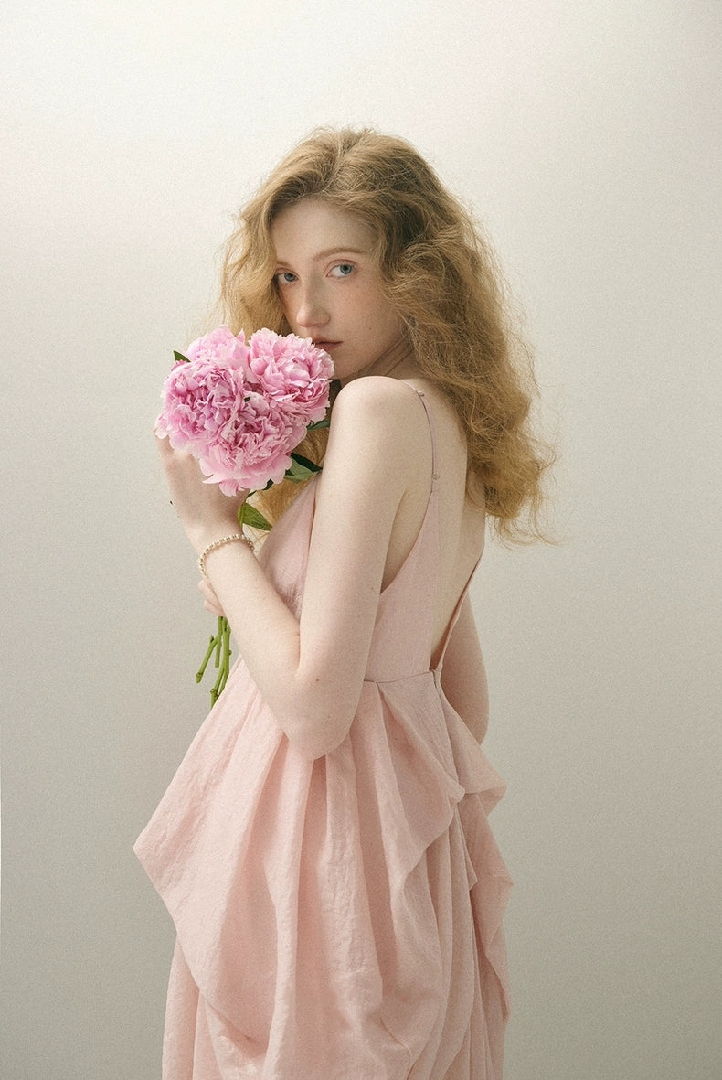 Iridescent Pink Draped Tencel Slip Dress