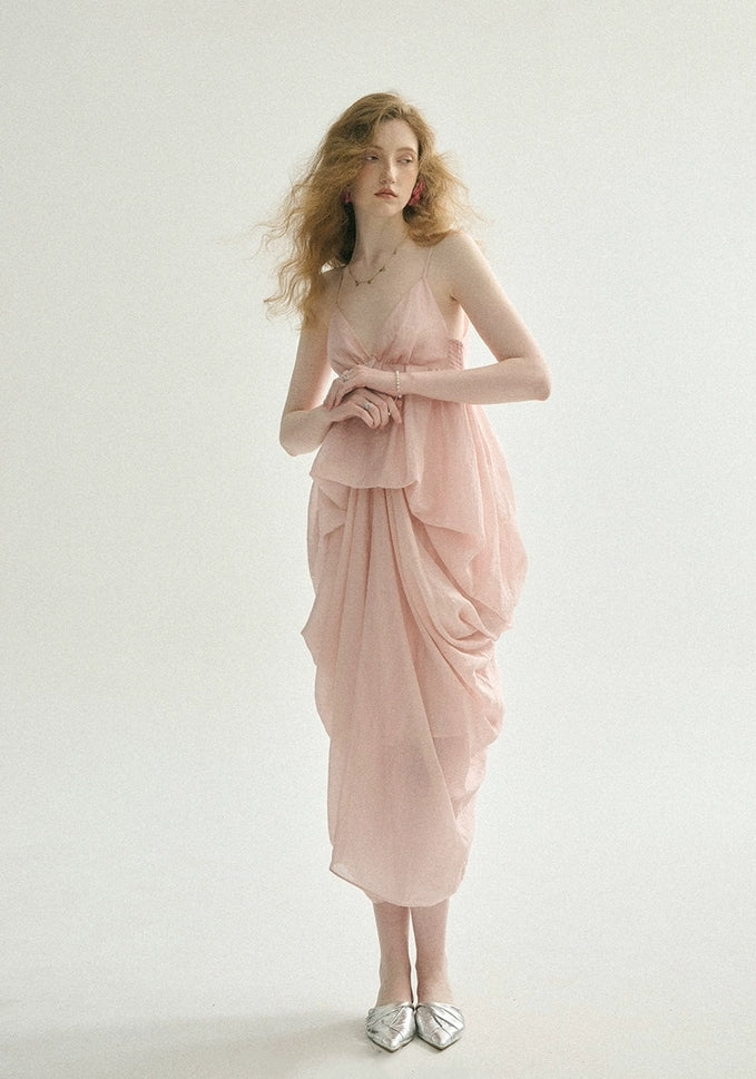 Iridescent Pink Draped Tencel Slip Dress