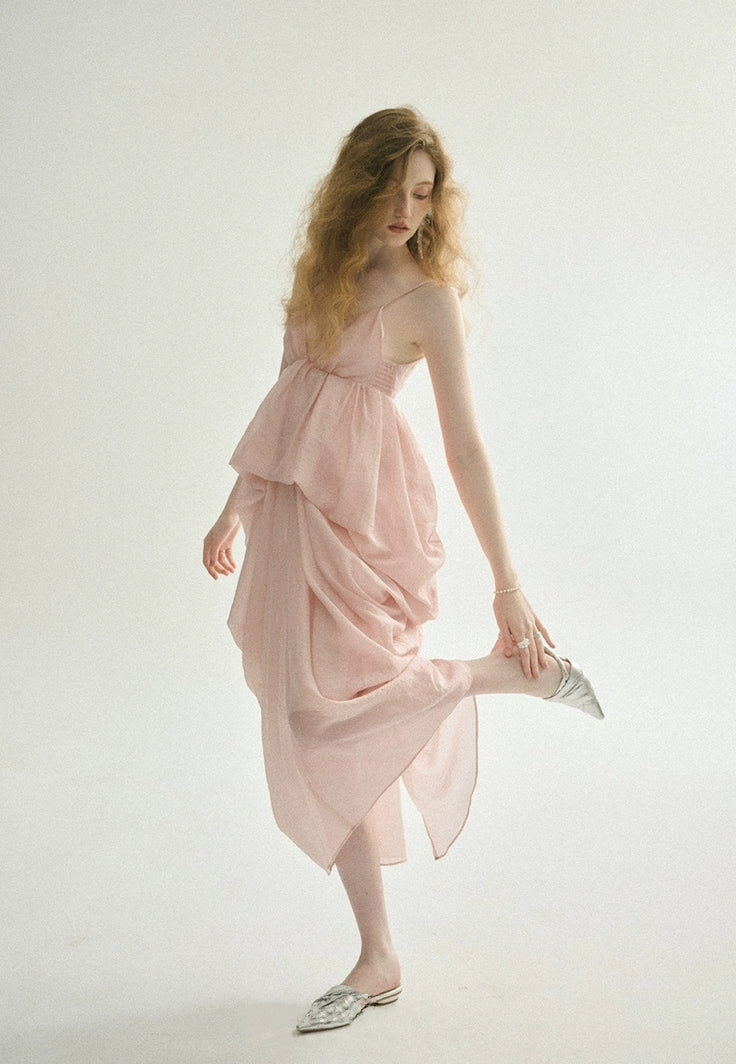 Iridescent Pink Draped Tencel Slip Dress