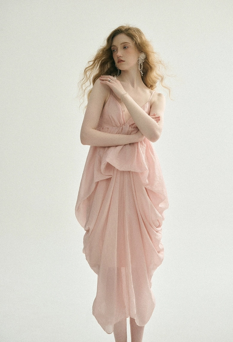 Iridescent Pink Draped Tencel Slip Dress