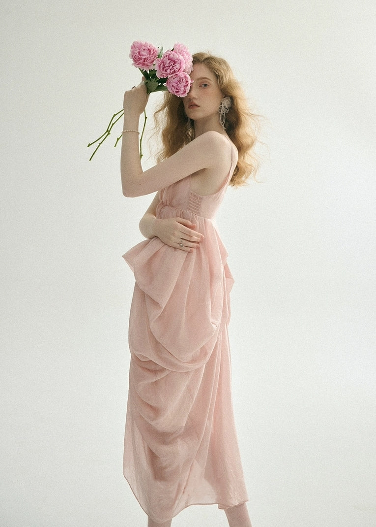 Iridescent Pink Draped Tencel Slip Dress