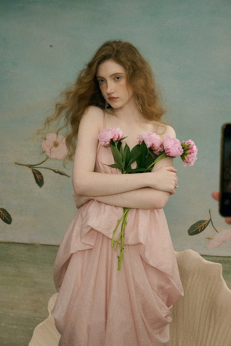 Iridescent Pink Draped Tencel Slip Dress