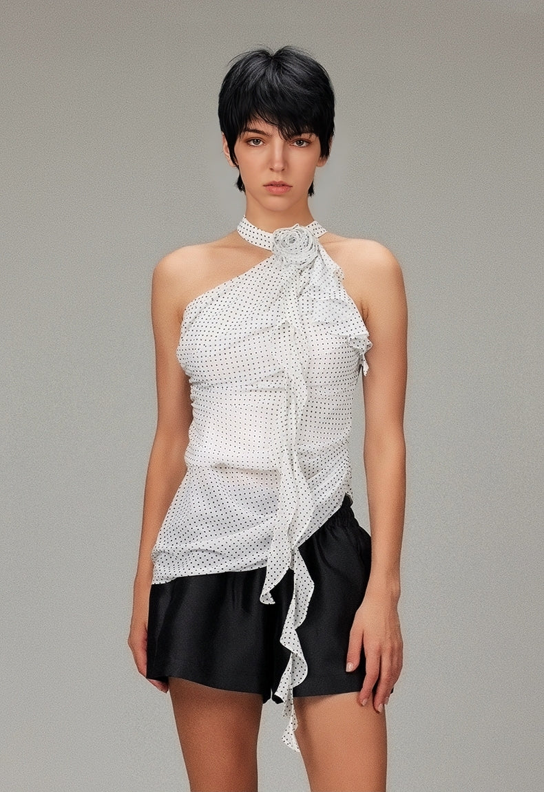 Rosette Ruffle Halter Top – Black & White
