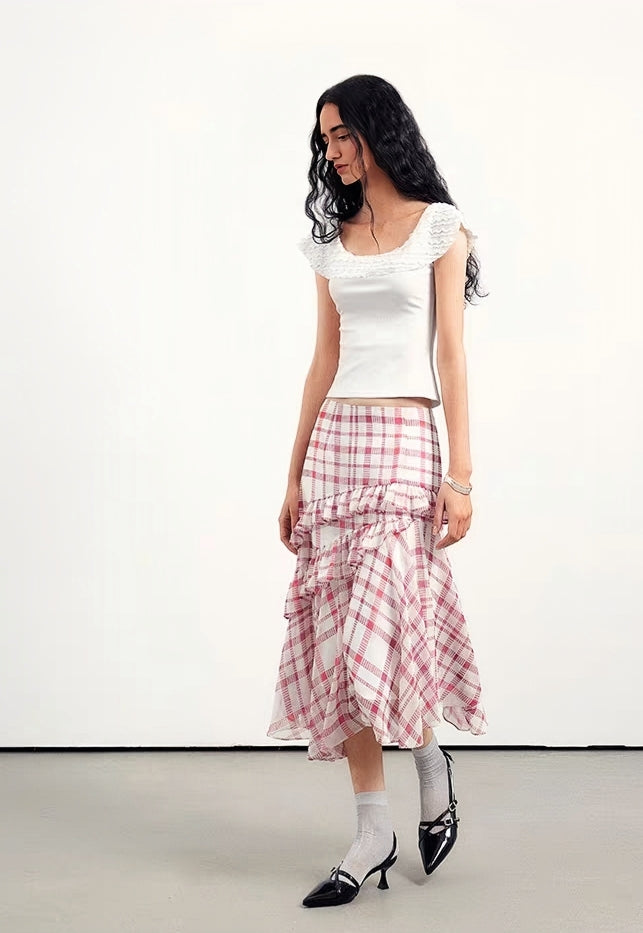 Vintage Ruffled Gingham Midi Skirt – Pink Plaid