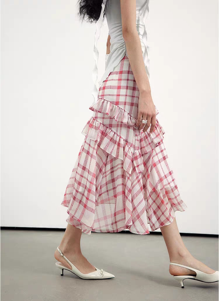 Vintage Ruffled Gingham Midi Skirt – Pink Plaid