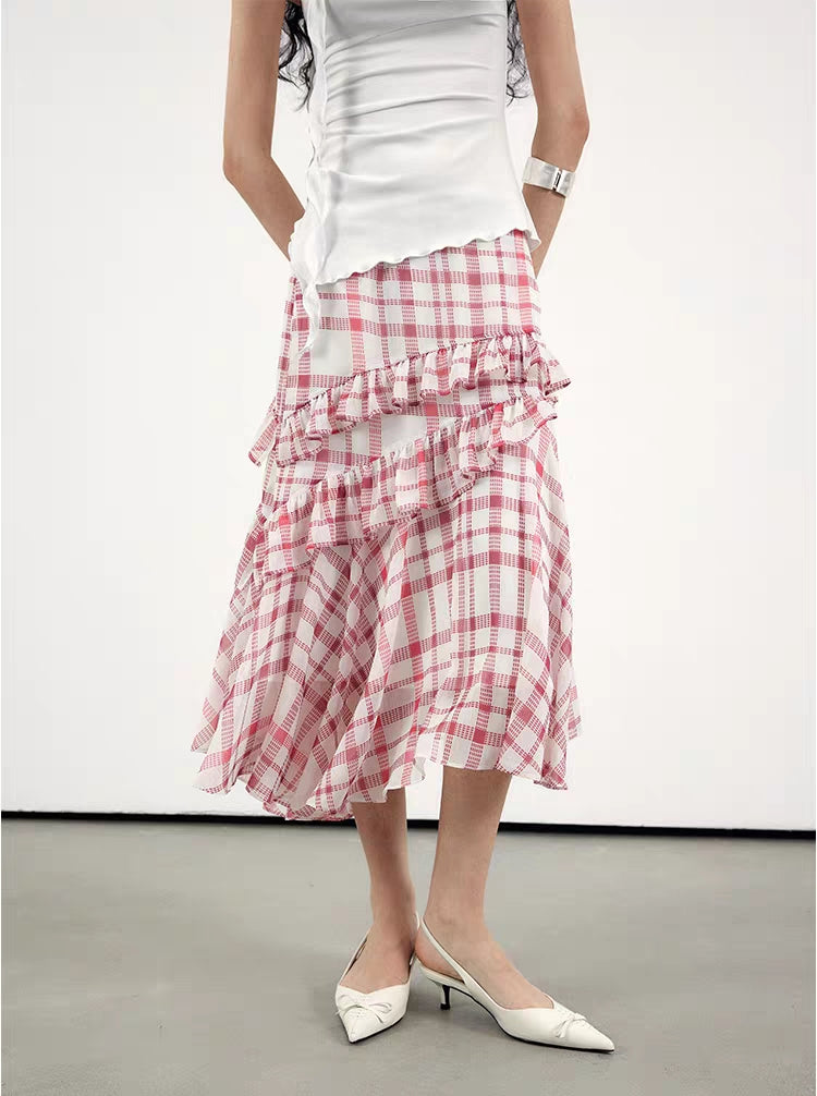 Vintage Ruffled Gingham Midi Skirt – Pink Plaid