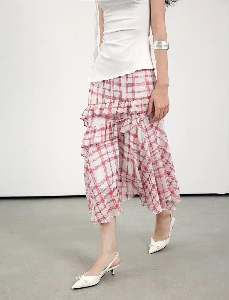 Vintage Ruffled Gingham Midi Skirt – Pink Plaid