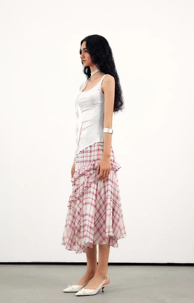 Vintage Ruffled Gingham Midi Skirt – Pink Plaid