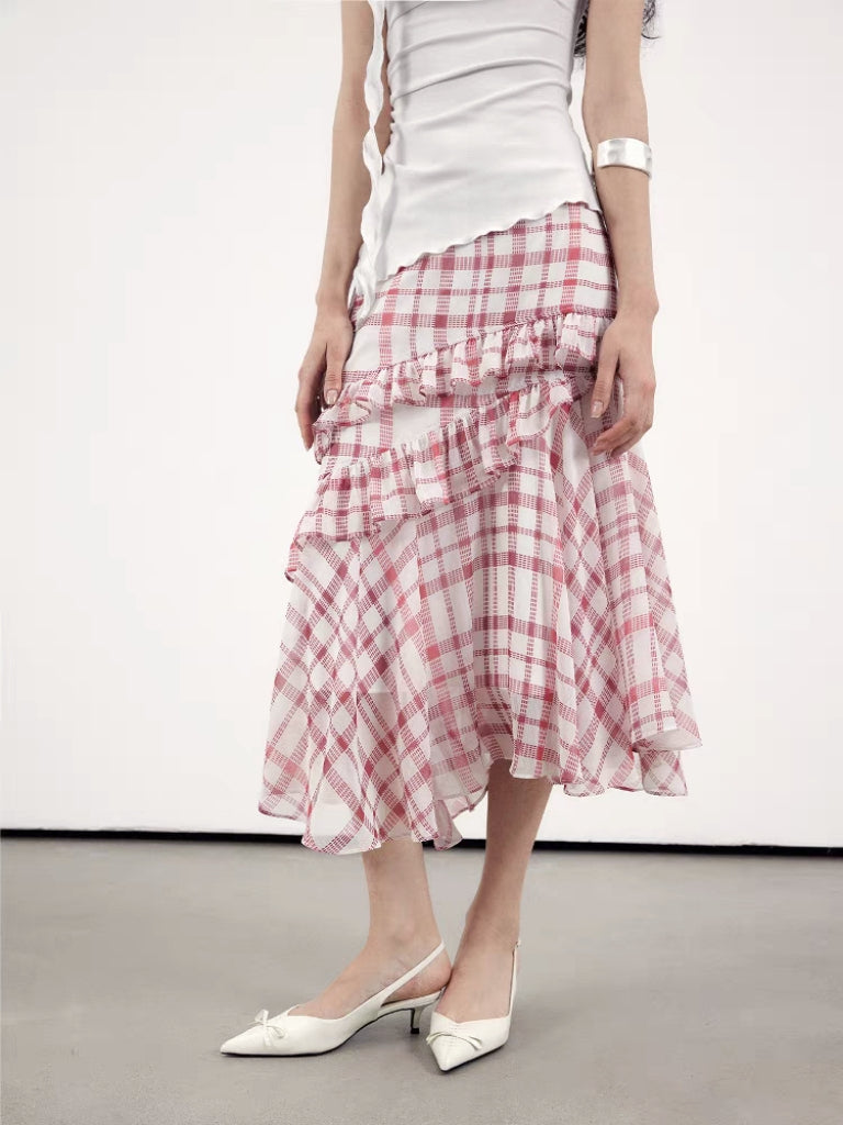 Vintage Ruffled Gingham Midi Skirt – Pink Plaid