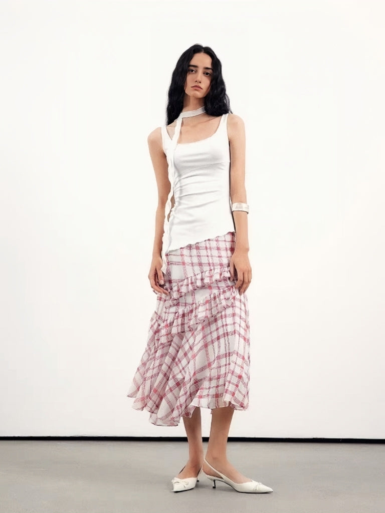 Vintage Ruffled Gingham Midi Skirt – Pink Plaid