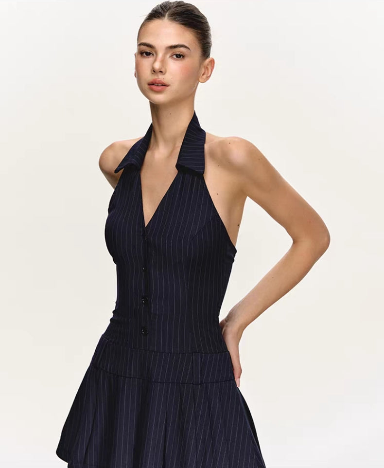 Pinstripe Halter Collar Mini Dress