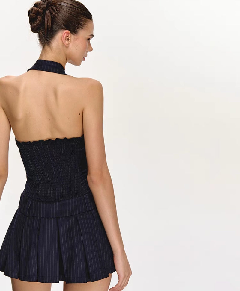 Pinstripe Halter Collar Mini Dress
