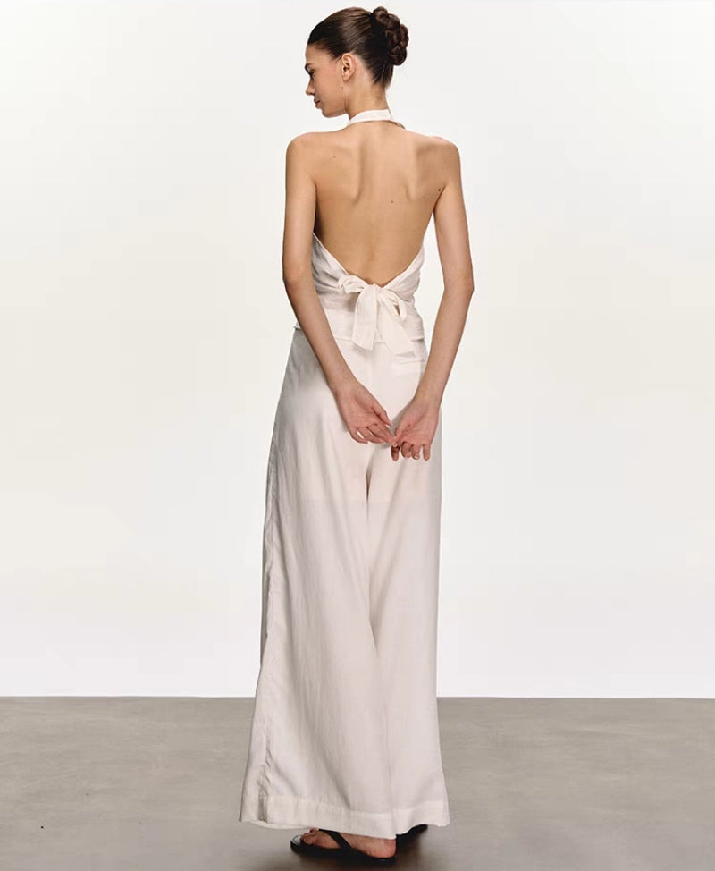 White Backless Halter Vest & Wide-Leg Trousers Set