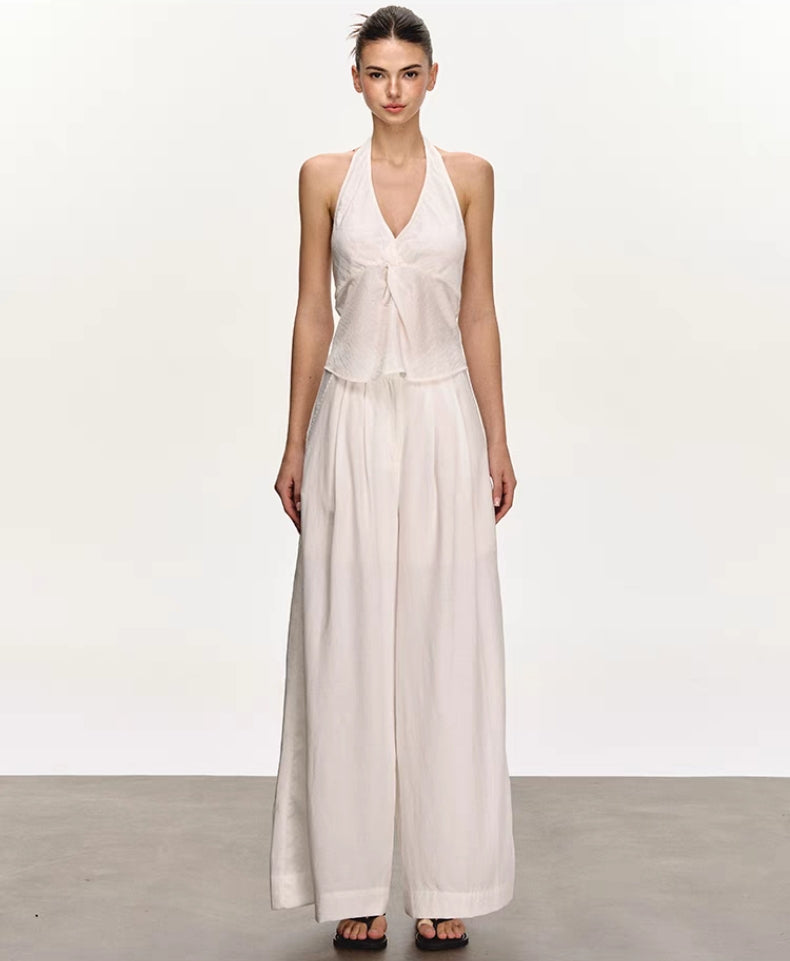 White Backless Halter Vest & Wide-Leg Trousers Set