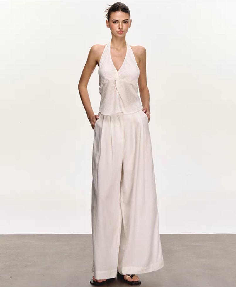 White Backless Halter Vest & Wide-Leg Trousers Set