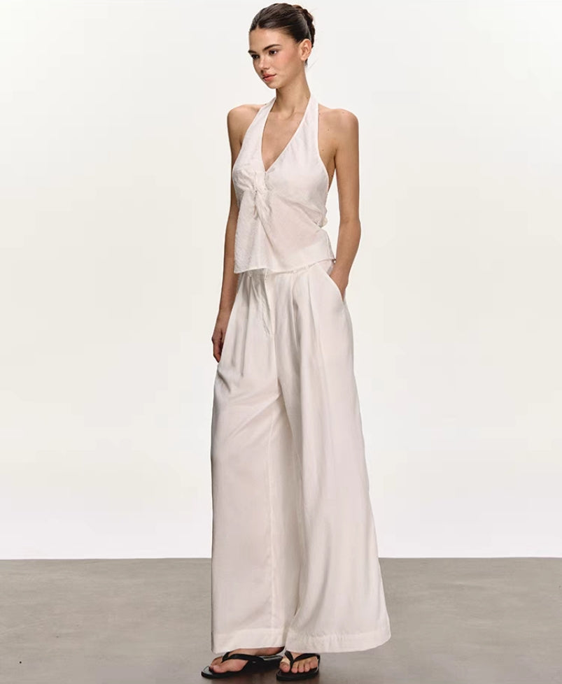 White Backless Halter Vest & Wide-Leg Trousers Set