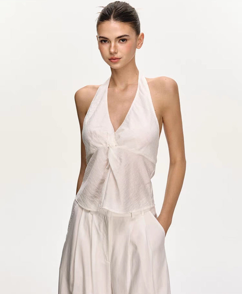 White Backless Halter Vest & Wide-Leg Trousers Set