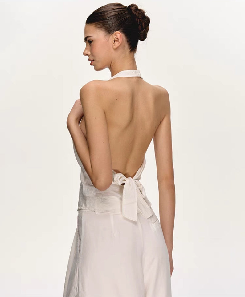 White Backless Halter Vest & Wide-Leg Trousers Set