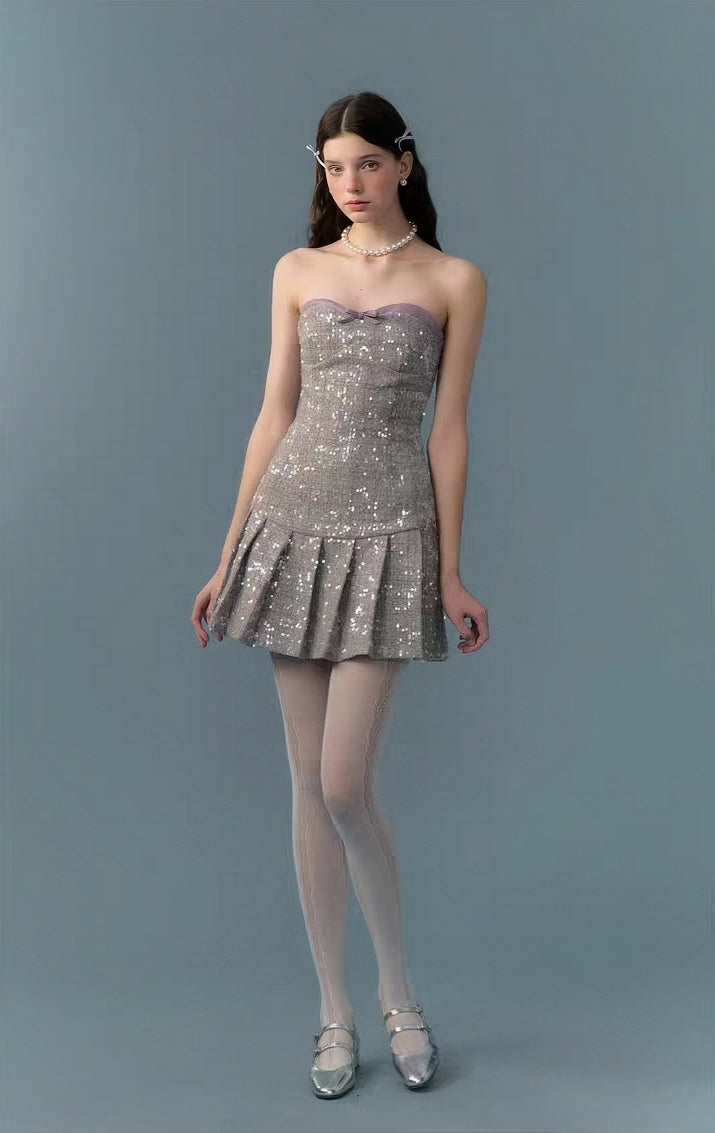 Sparkle Sequin Strapless Mini Dress with Faux Leather Trim
