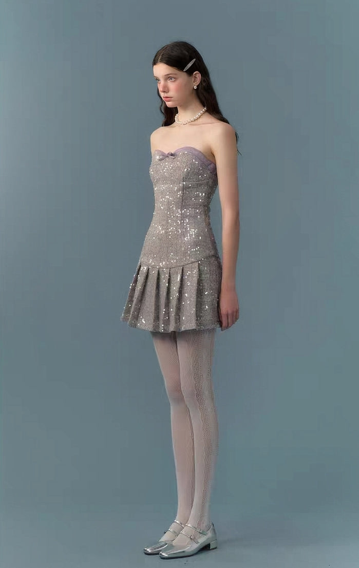 Sparkle Sequin Strapless Mini Dress with Faux Leather Trim