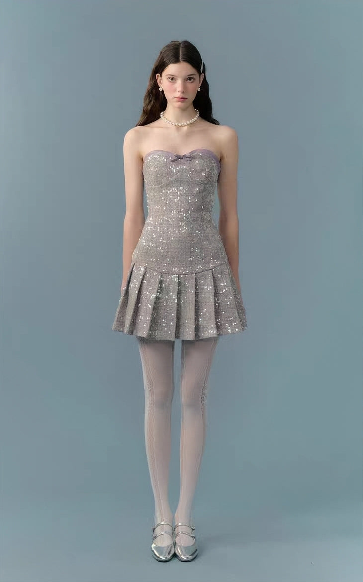 Sparkle Sequin Strapless Mini Dress with Faux Leather Trim