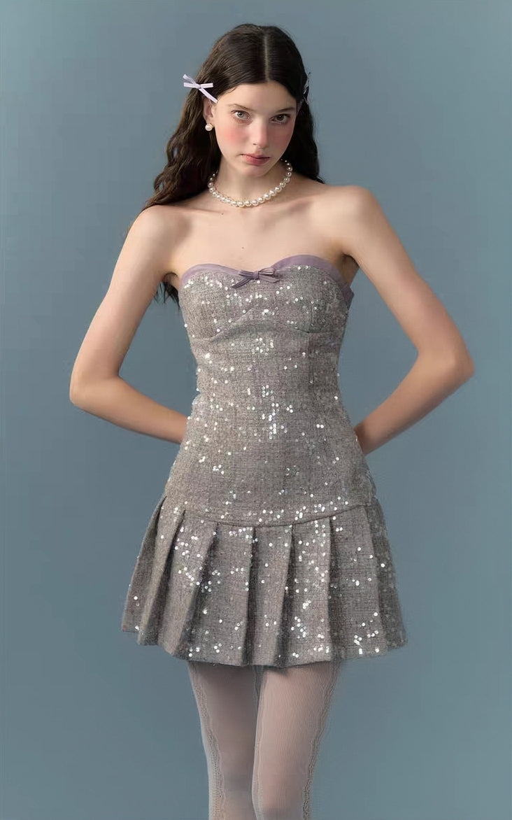 Sparkle Sequin Strapless Mini Dress with Faux Leather Trim