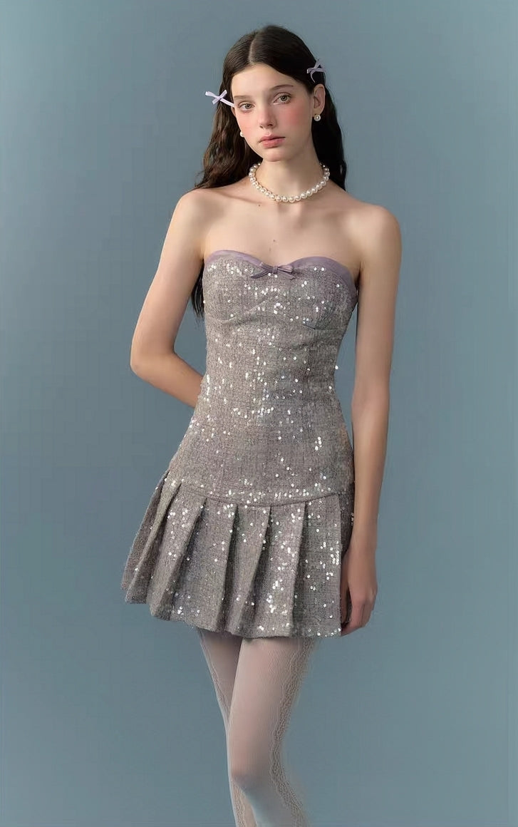Sparkle Sequin Strapless Mini Dress with Faux Leather Trim