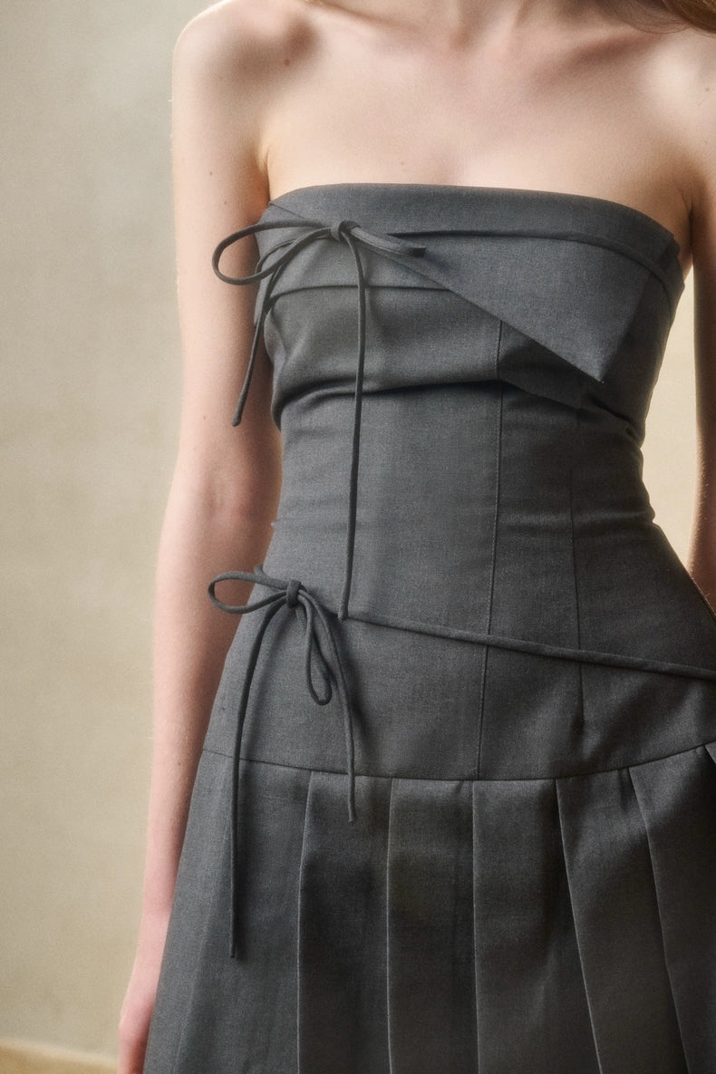 Charcoal Strapless Pleated Mini Dress with Tie Detail