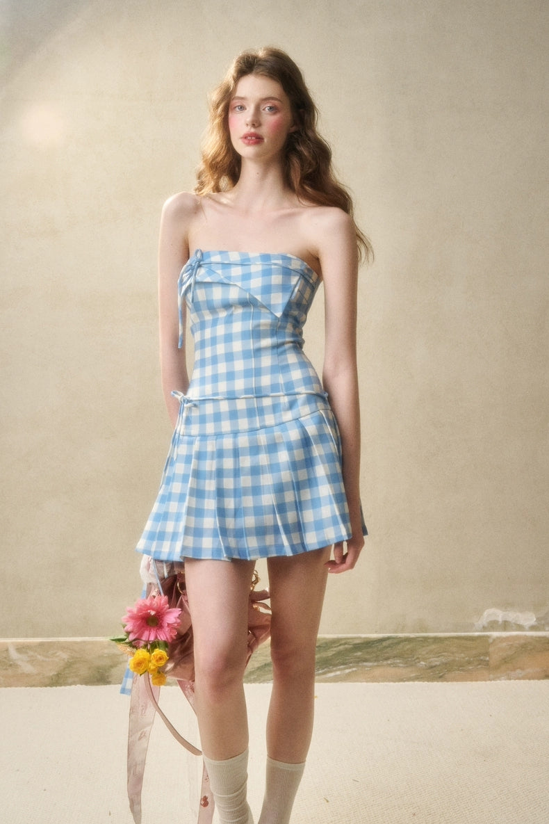 Sweet Gingham Strapless Bow-Tie Mini Dress