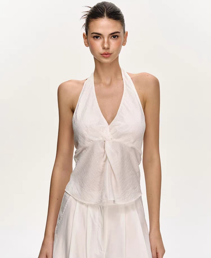White Backless Halter Vest & Wide-Leg Trousers Set