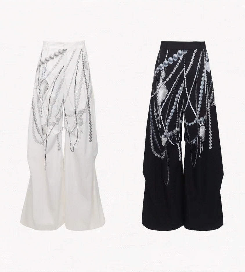 Pearl Chain Print Wide-Leg Pants