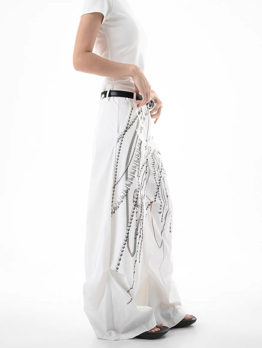 Pearl Chain Print Wide-Leg Pants