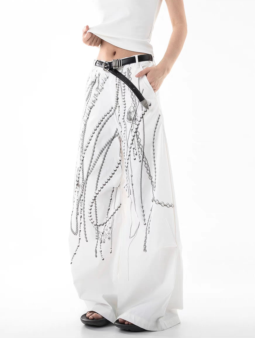 Pearl Chain Print Wide-Leg Pants